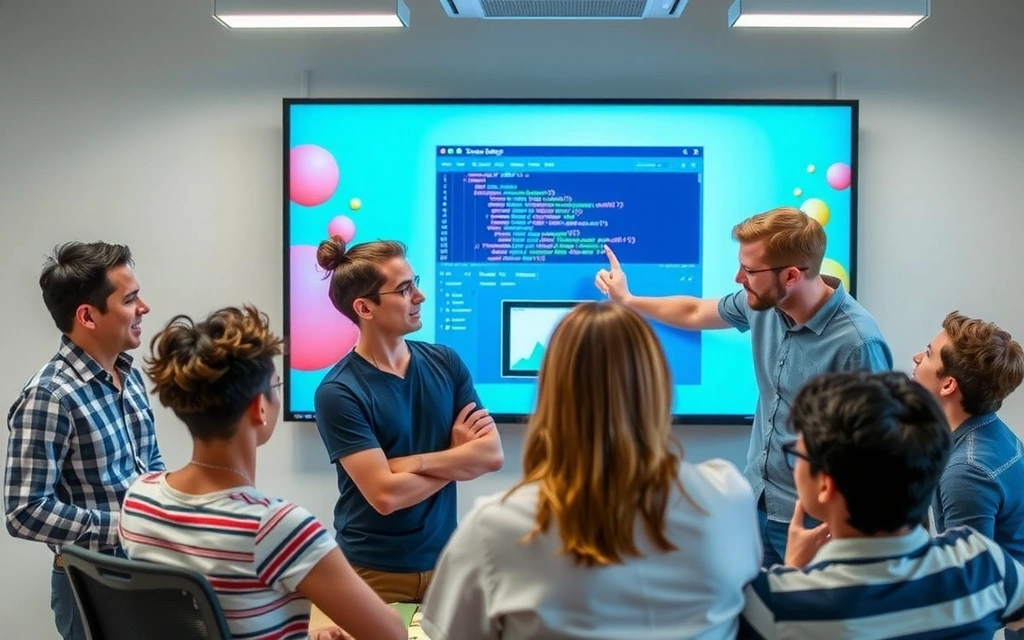 Tým StudioEdge diskutuje o strategii webového designu s moderní grafikou v pozadí