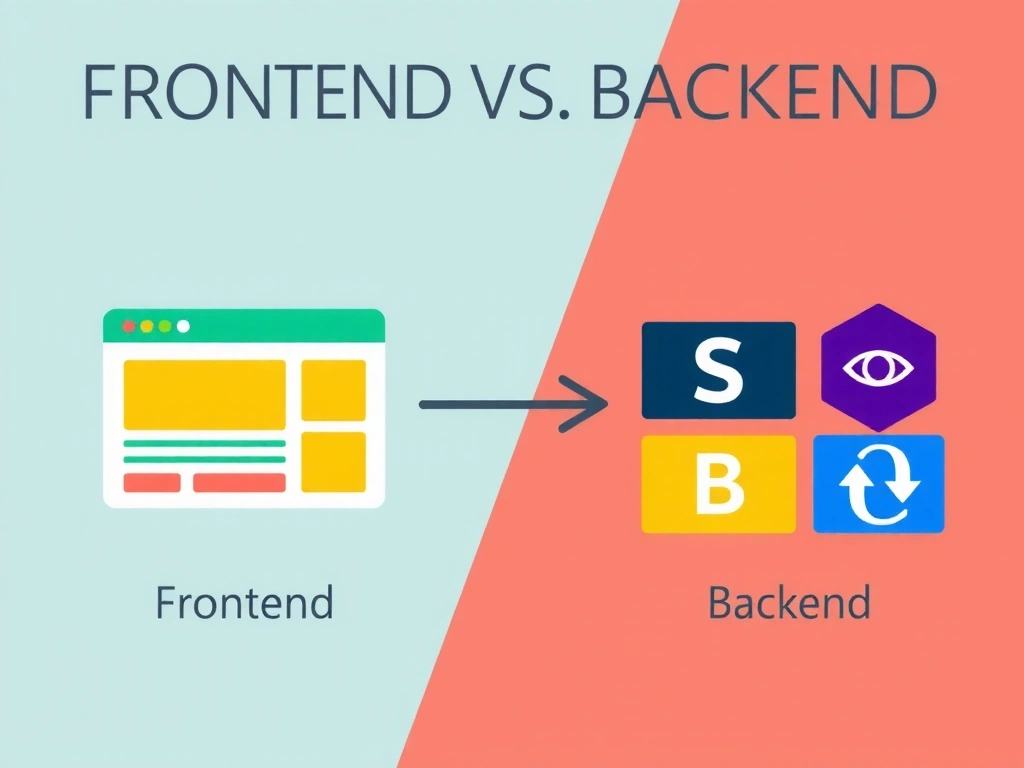 Diagram showing distinction between frontend and backend web development with code snippets and user interface elements.