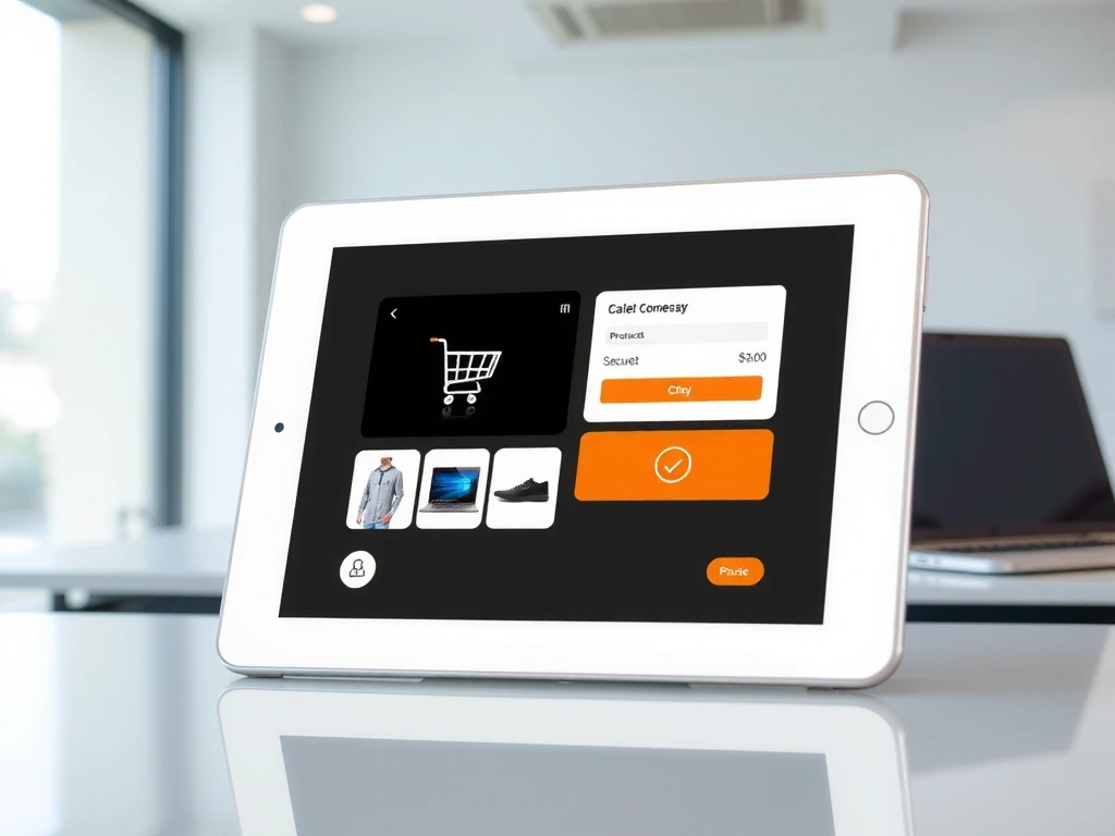 Modern e-commerce interface on a tablet, displaying product listings, shopping cart, and payment options.