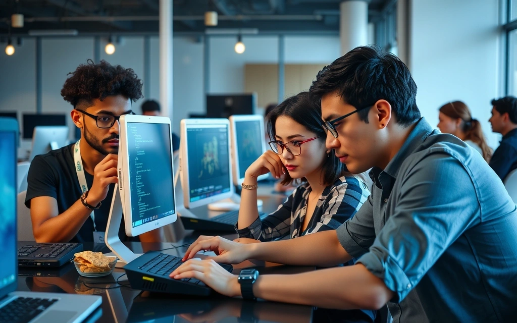 Tým techniků pracujících na počítačích s kódem na obrazovkách